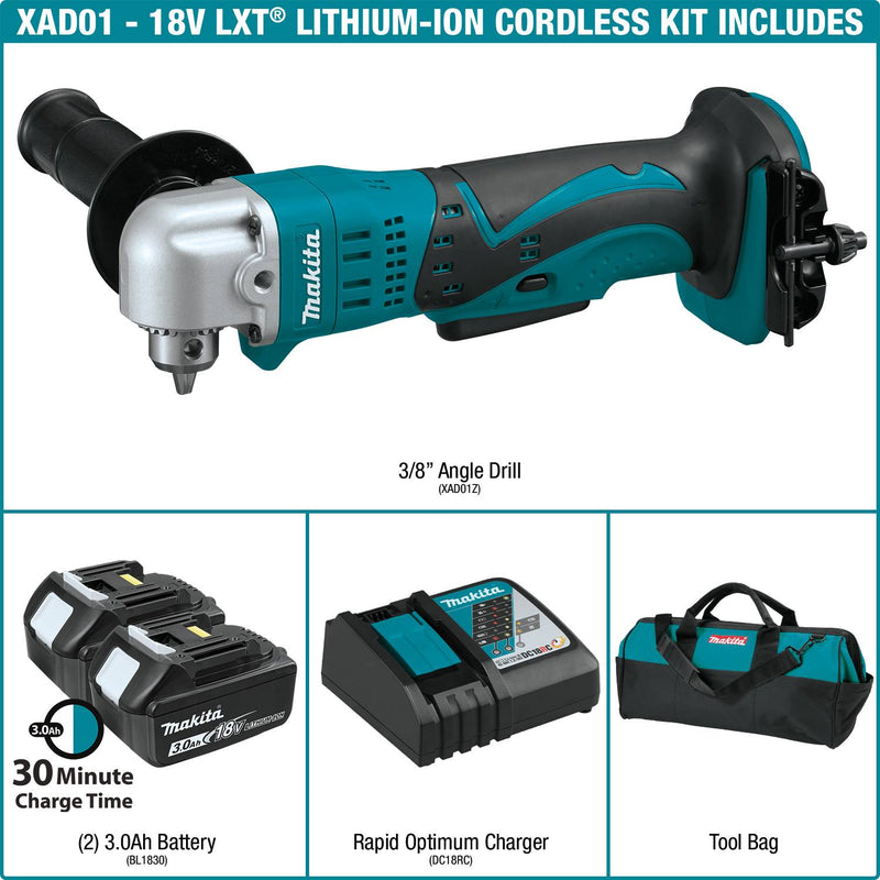 Makita (XAD01 - R) 18V LXT® Cordless 3/8" Angle Drill Kit (3.0Ah) (Factory Reconditioned) - Pacific Power Tools