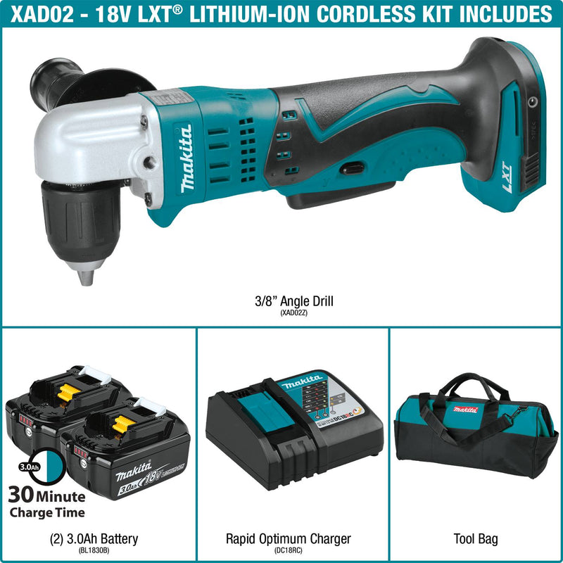 Makita (XAD02 - R) 18V LXT® Cordless 3/8" Angle Drill Kit (3.0Ah) (Factory Reconditioned) - Pacific Power Tools