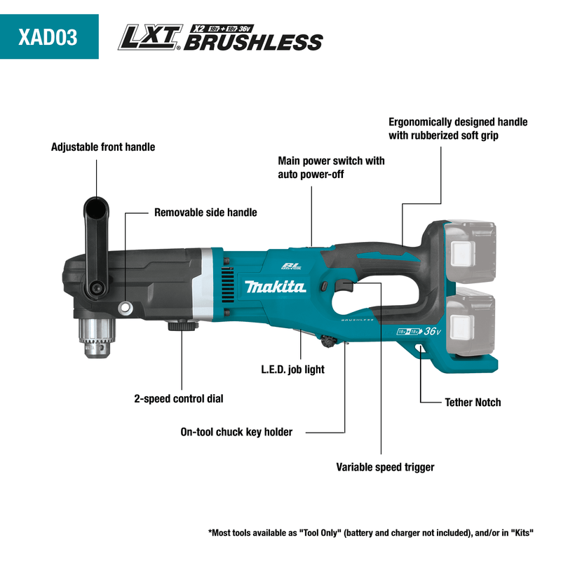 Makita (XAD03Z) 36V (18V X2) LXT® Brushless 1/2" Right Angle Drill (Tool Only) - Pacific Power Tools