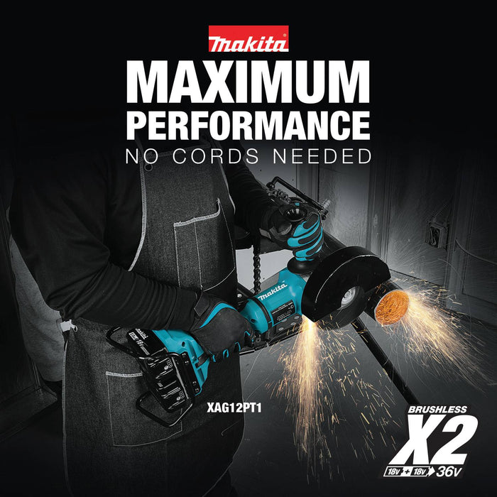 Makita (XAG12PT1 - R) 36V (18V X2) LXT® Brushless 7" Paddle Switch Cut - Off/Angle Grinder Kit, electric brake, dual port charger, bag, lock - off, no lock - on (5.0Ah) (Factory Reconditioned) - Pacific Power Tools