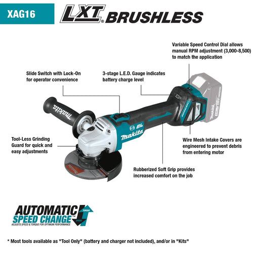 Makita (XAG16Z) 18V LXT® Lithium‑Ion Brushless 4‑1/2” / 5" Cut‑Off/Angle Grinder, with Electric Brake (Tool Only) - Pacific Power Tools