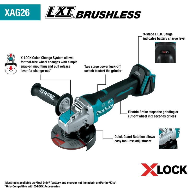 Makita (XAG26Z - R) 18V LXT® Brushless 4‑1/2” / 5" Paddle Switch X‑LOCK Angle Grinder, with AFT® (Tool Only) (Factory Reconditioned - Pacific Power Tools
