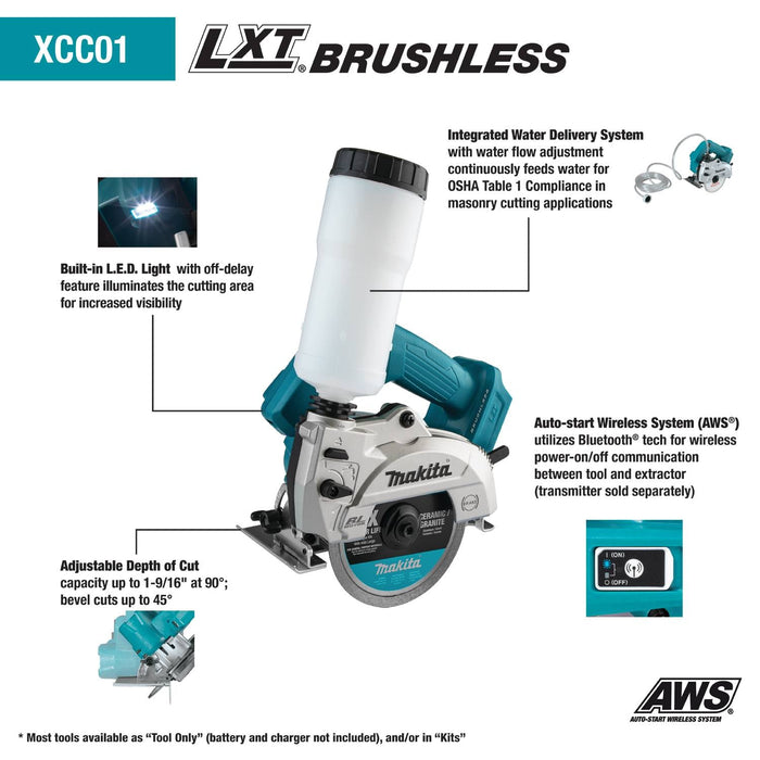 Makita (XCC01Z) 18V LXT® Lithium - Ion Brushless 5" Wet/Dry Masonry Saw, AWS® Capable (Tool Only) - Pacific Power Tools