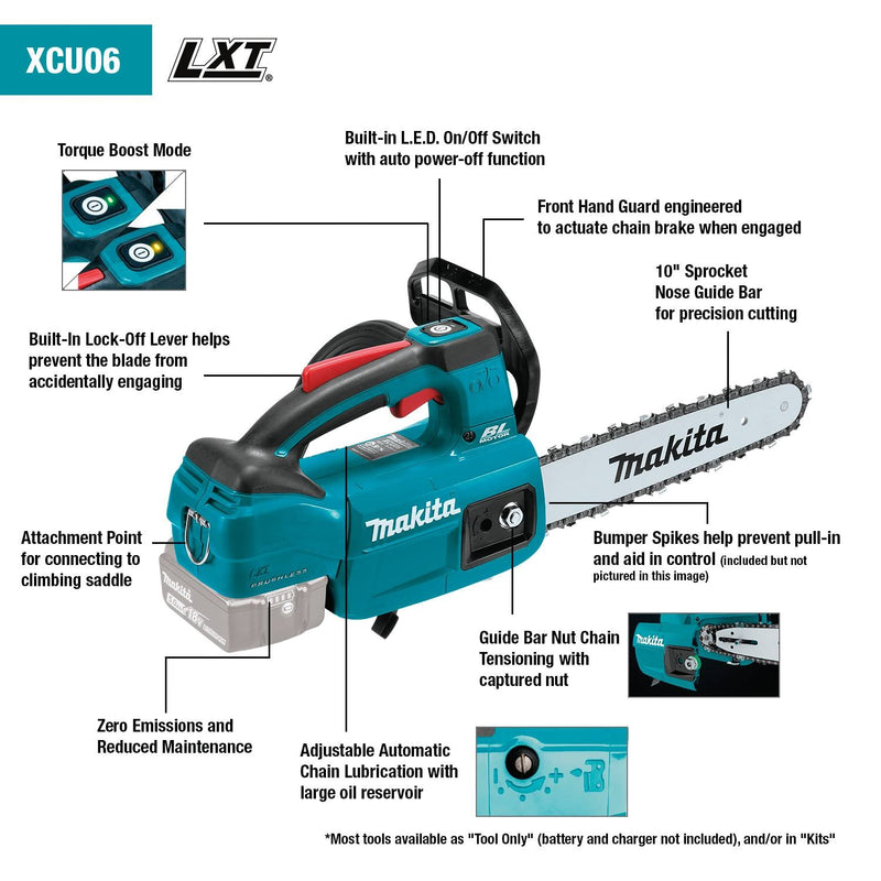 Makita (XCU06Z - R) 18V LXT® Lithium - Ion Brushless 10" Top Handle Chain Saw (Tool Only) - Pacific Power Tools