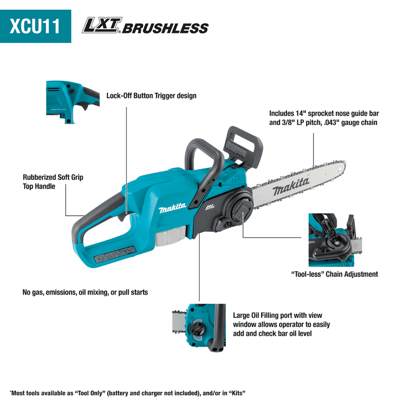 Makita (XCU11SM1 - R) 18V LXT® Brushless 14" Chain Saw Kit (4.0Ah) - Pacific Power Tools