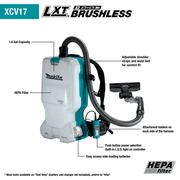 Makita (XCV17Z) 36V (18V X2) LXT® Brushless 1.6 Gallon HEPA Filter Backpack Dry Vacuum (Tool Only) - Pacific Power Tools