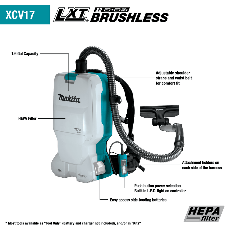 Makita (XCV17Z) 36V (18V X2) LXT® Brushless 1.6 Gallon HEPA Filter Backpack Dry Vacuum (Tool Only) - Pacific Power Tools