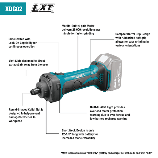 Makita (XDG02Z) 18V LXT® 1/4" Compact Die Grinder, no lock - off, lock - on (Tool Only) - Pacific Power Tools