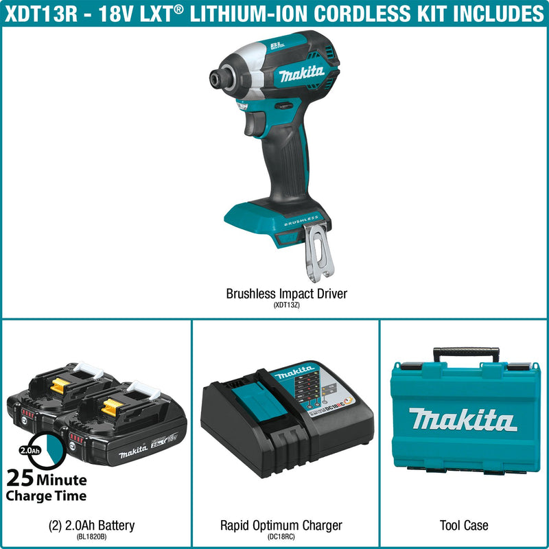 Makita (XDT13R) 18V LXT® Lithium‑Ion Compact Brushless Impact Driver Kit (2.0Ah) (Factory Reconditioned) - Pacific Power Tools