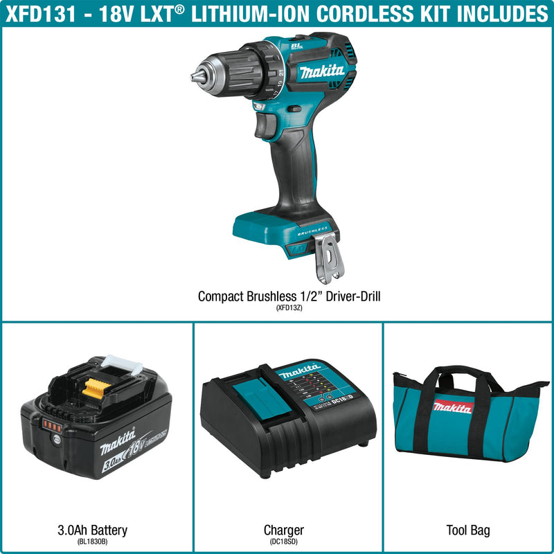 Makita (XFD131) 18V LXT® Lithium‑Ion Brushless 1/2" Driver‑Drill Kit (3.0Ah) - Pacific Power Tools