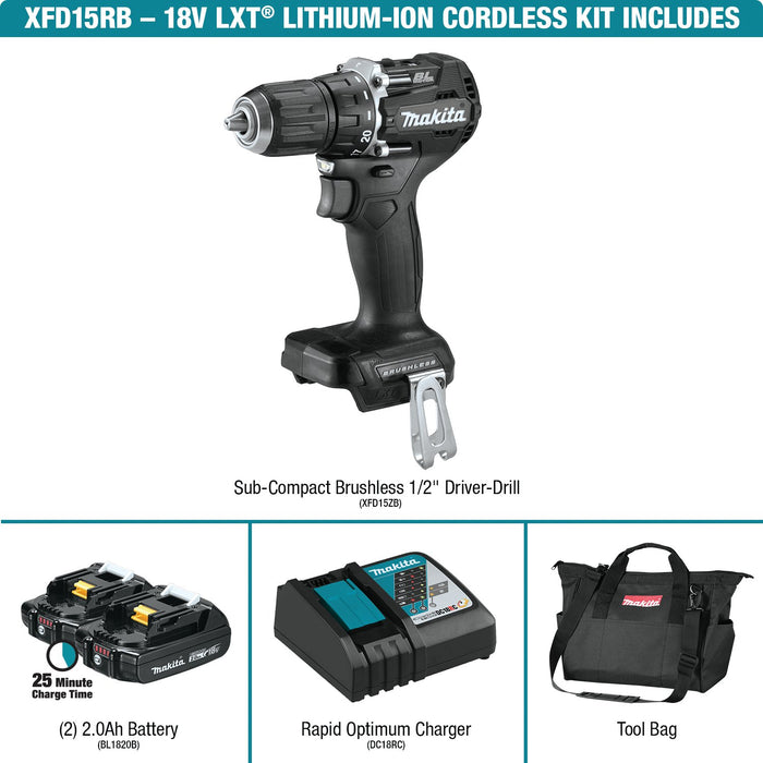Makita (XFD15RB) 18V LXT® Lithium - Ion Sub - Compact Brushless 1/2" Driver - Drill Kit (2.0Ah) - Pacific Power Tools