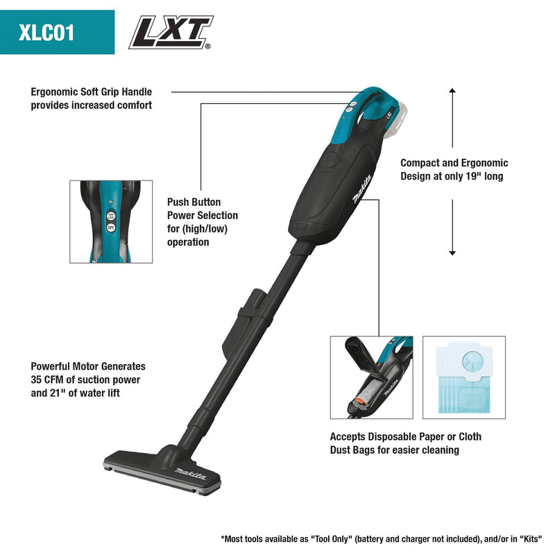 Makita (XLC01ZB) 18V LXT® Lithium‑ion 2‑Speed Compact Stick Vacuum, w/Push Button (Tool Only) - Pacific Power Tools