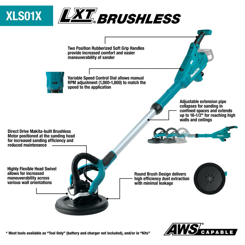 Makita (XLS01ZX1) 18V LXT® Lithium‑Ion Brushless 9" Drywall Sander, AWS® Capable (Tool Only) - Pacific Power Tools