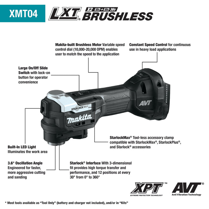 Makita (XMT04ZB) 18V LXT® Sub‑Compact Brushless StarlockMax® Oscillating Multi‑Tool (Tool Only) - Pacific Power Tools