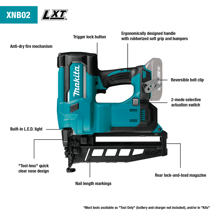 Makita (XNB02Z - R) 18V LXT® 2 - 1/2" Straight Finish Nailer, 16 Ga. (Tool Only) (Factory Reconditioned) - Pacific Power Tools