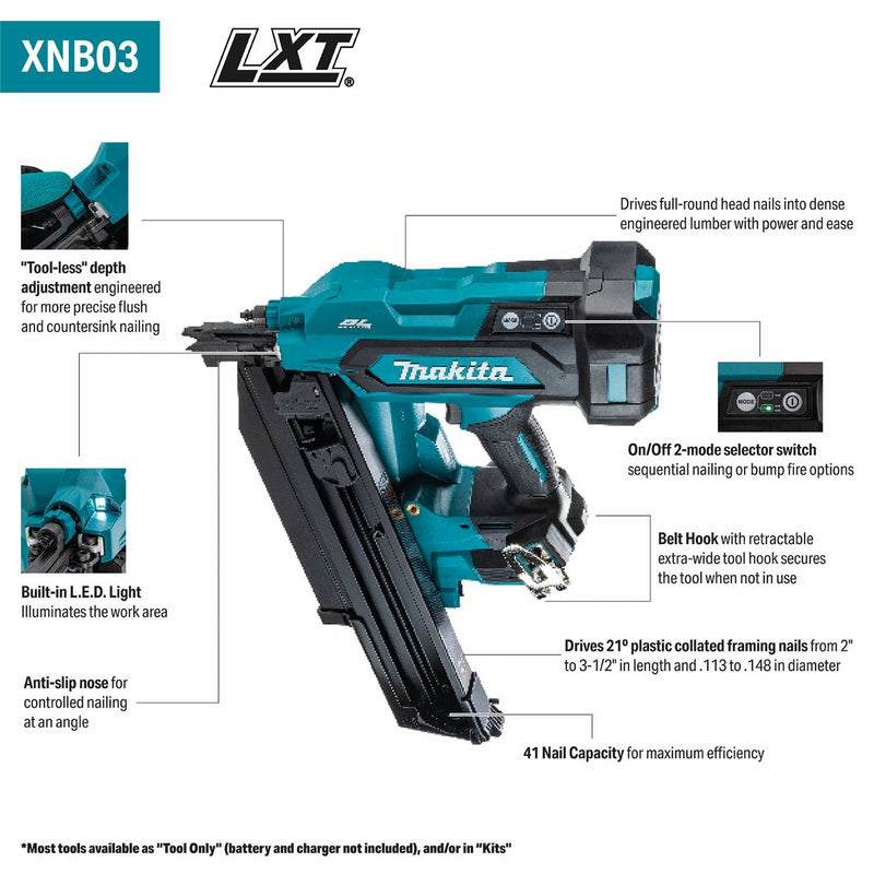 Makita (XNB03Z) 18V LXT® Lithium - Ion Cordless 21º Full Round Head 3 1/2" Framing Nailer (Tool Only) - Pacific Power Tools