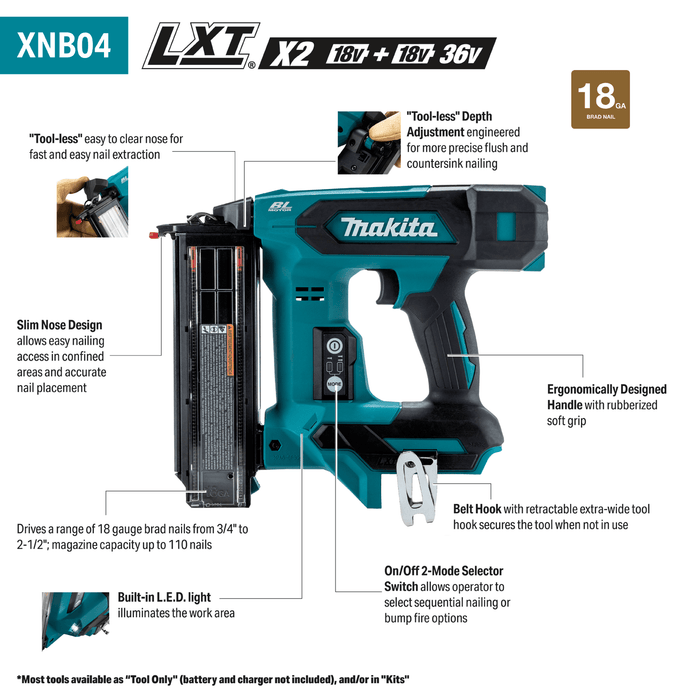 Makita (XNB04Z) 18V LXT® Brushless 2” Brad Nailer, 18 Ga. (Tool Only) - Pacific Power Tools
