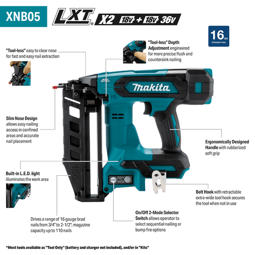 Makita (XNB05Z) 18V LXT® Brushless 2 - 1/2” Straight Finish Nailer, 16 Ga. (Tool Only) - Pacific Power Tools