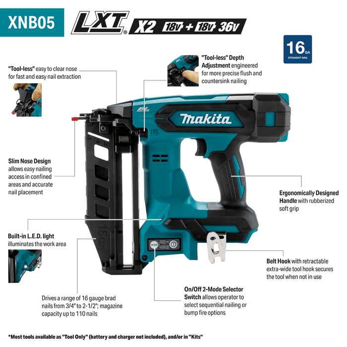 Makita (XNB05Z) 18V LXT® Brushless 2 - 1/2” Straight Finish Nailer, 16 Ga. (Tool Only) - Pacific Power Tools