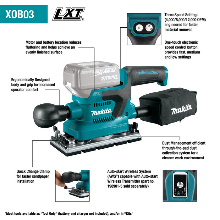 Makita (XOB03Z) 18V LXT® Brushless 1/3 Sheet Finishing Sander, AWS® Capable (Tool Only) - Pacific Power Tools