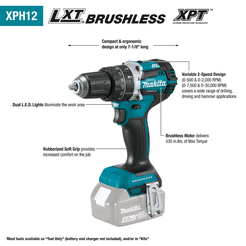 Makita (XPH12Z) LXT® Compact Brushless 1/2" Hammer Driver - Drill (Tool Only) (Factory Reconditioned) - Pacific Power Tools