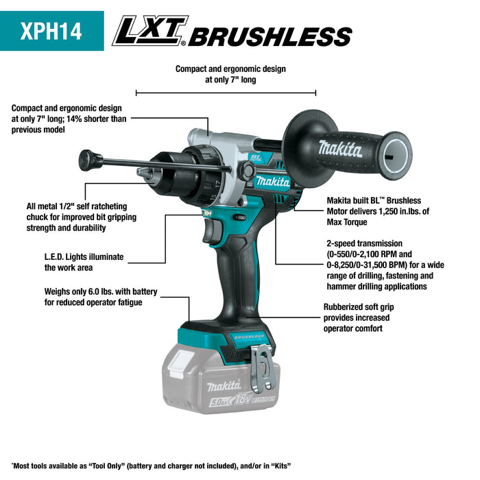 Makita (XPH14T - R) 18V LXT® Brushless 1/2" Hammer Driver - Drill Kit (5.0Ah) (Factory Reconditioned) - Pacific Power Tools