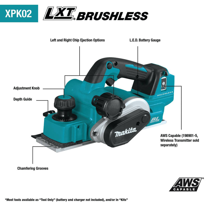 Makita (XPK02Z) 18V LXT® Lithium - Ion Brushless 3 - 1/4" Planer, AWS® Capable (Tool Only) - Pacific Power Tools