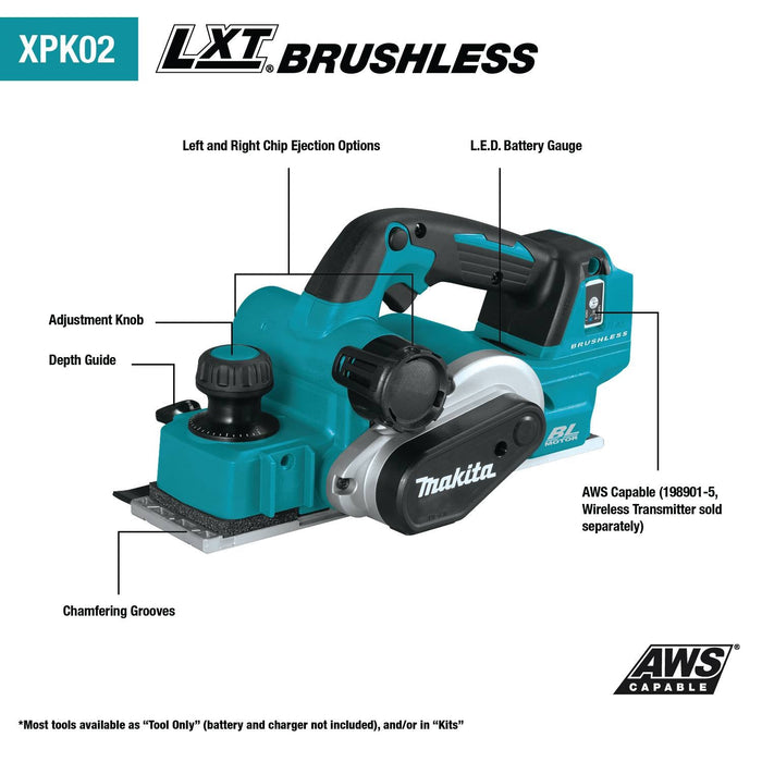 Makita (XPK02Z) 18V LXT® Lithium - Ion Brushless 3 - 1/4" Planer, AWS® Capable (Tool Only) - Pacific Power Tools