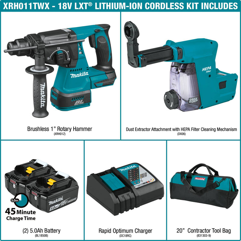 Makita (XRH011TWX) 18V LXT® Lithium - Ion Brushless 1" SDS - PLUS Rotary Hammer Kit, HEPA Dust Extractor Attachment (5.0Ah) - Pacific Power Tools