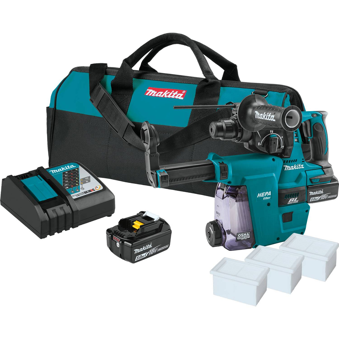Makita (XRH011TWX) 18V LXT® Lithium - Ion Brushless 1" SDS - PLUS Rotary Hammer Kit, HEPA Dust Extractor Attachment (5.0Ah) - Pacific Power Tools