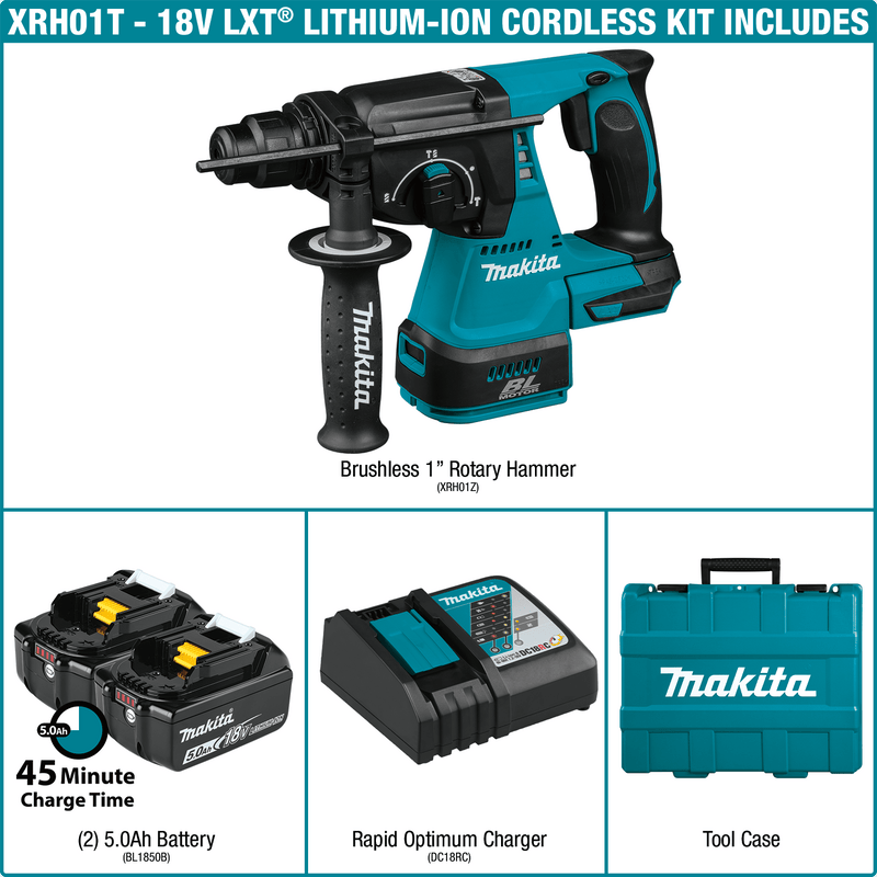 Makita (XRH01T - R) 18V LXT® Lithium - Ion Brushless Cordless 1" SDS - PLUS Rotary Hammer Kit, var. spd., rev., case (5.0Ah) (Factory Reconditioned) - Pacific Power Tools