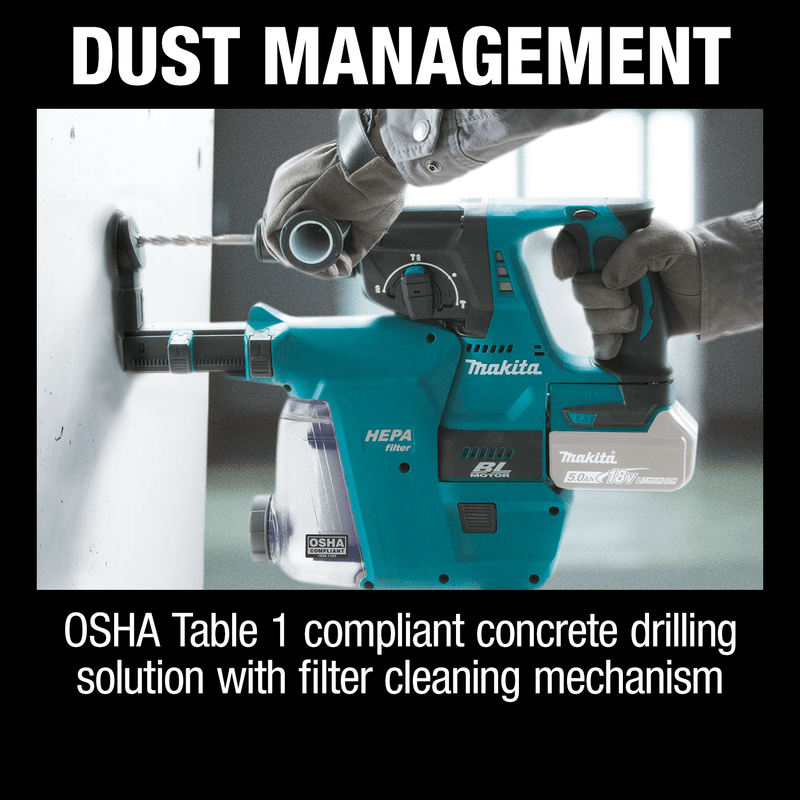 Makita (XRH01ZWX) 118V LXT® Brushless 1" SDS‑PLUS Rotary Hammer, w/ HEPA Dust Extractor Attachment, Tool Only - Pacific Power Tools