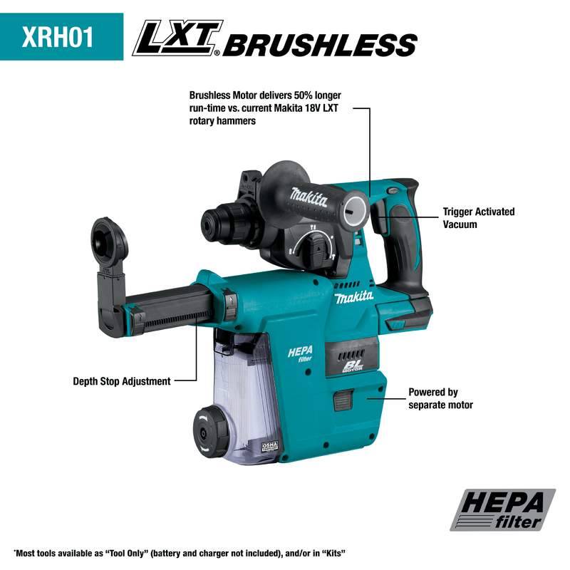 Makita (XRH01ZWX) 118V LXT® Brushless 1" SDS‑PLUS Rotary Hammer, w/ HEPA Dust Extractor Attachment, Tool Only - Pacific Power Tools