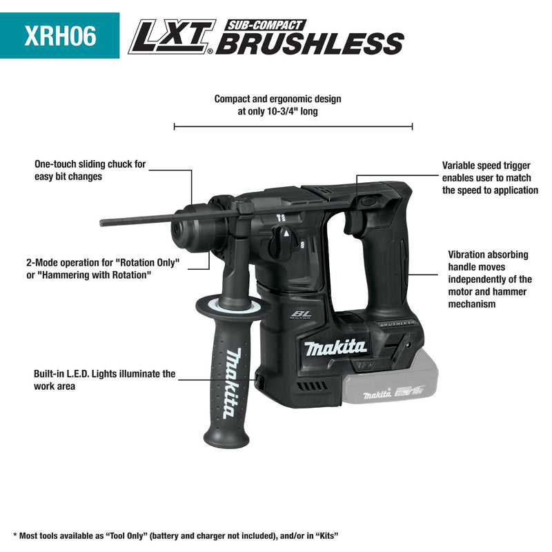 Makita (XRH06ZB - R) 18V LXT® Sub - Compact Brushless 11/16" Rotary Hammer (Tool Only) (Factory Reconditioned) - Pacific Power Tools
