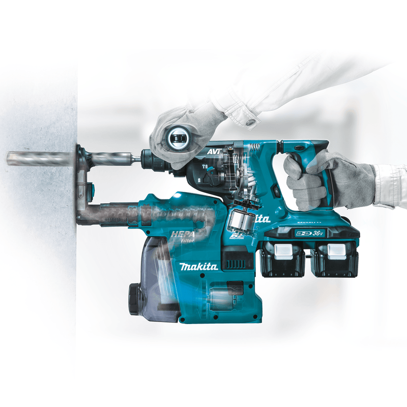 Makita (XRH10PTW) 36V (18V X2) LXT® Brushless 1 - 1/8" SDS - PLUS AVT® Rotary Hammer Kit, w/HEPA Dust Extractor, AFT®, AWS® Capable (5.0Ah) - Pacific Power Tools
