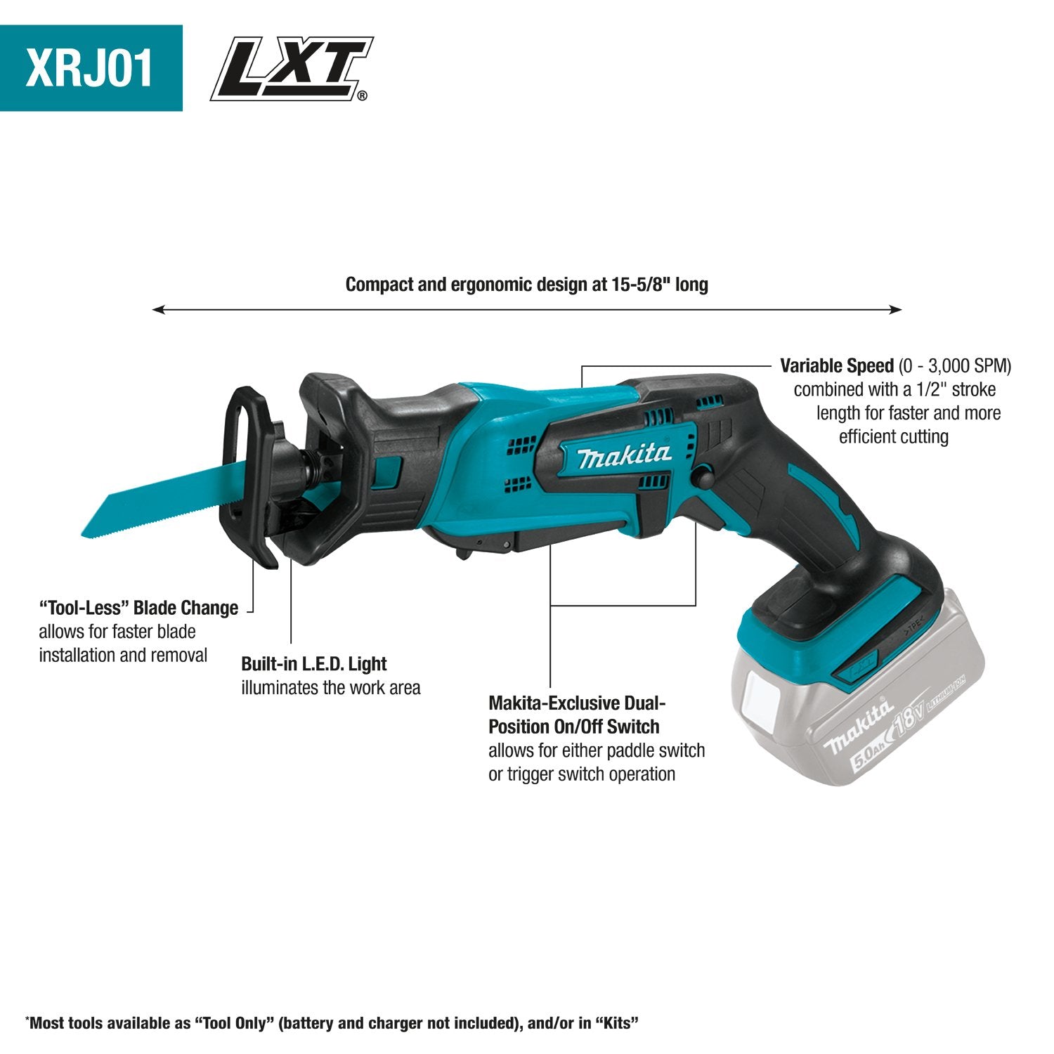 Makita (XRJ01Z) LXT® Compact Reciprocating Saw (Tool Only) (Factory Reconditioned) - Pacific Power Tools