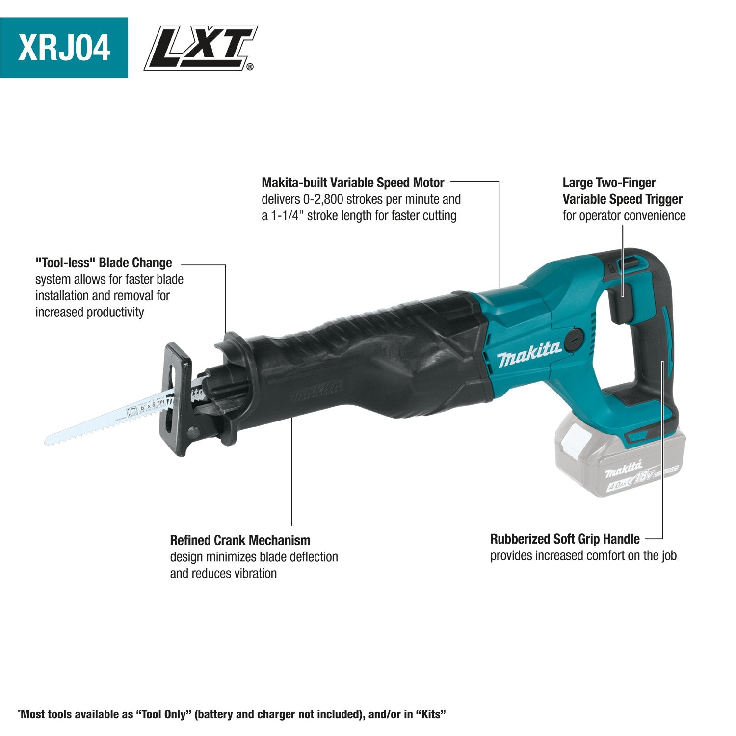 Makita (XRJ04Z) LXT® Lithium‑Ion Reciprocating Saw (Tool Only) (Factory Reconditioned) - Pacific Power Tools