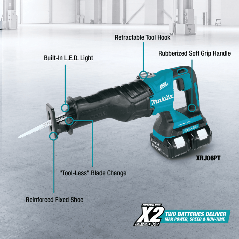 Makita (XRJ06PT - R) 36V (18V X2) LXT® Brushless Recipro Saw Kit, 2 - speed, var. spd., tool - less blade change, dual port charger, bag (5.0Ah) (Factory Reconditioned) - Pacific Power Tools