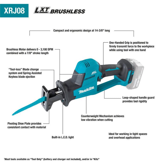 Makita (XRJ08Z) 18V Brushless Cordless Compact One‑Handed Recipro Saw, Tool Only - Pacific Power Tools