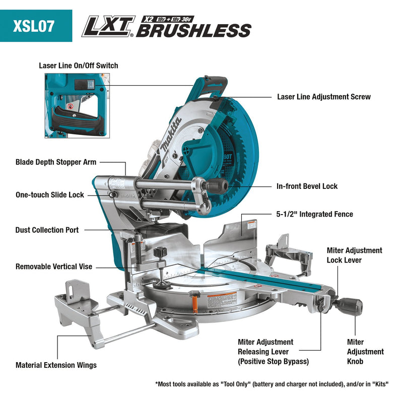 Makita (XSL07Z - R) 36V (18V X2) LXT® Brushless 12" Dual‑Bevel Sliding Compound Miter Saw with Laser (Tool Only) (Factory Reconditioned) - Pacific Power Tools