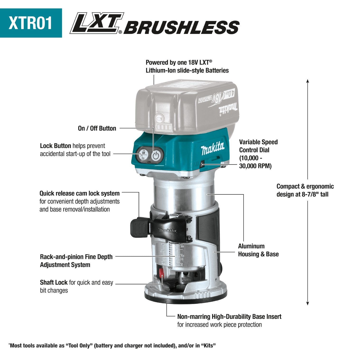 Makita (XTR01Z - R) 18V LXT® Brushless Compact Router (Tool Only) - Pacific Power Tools