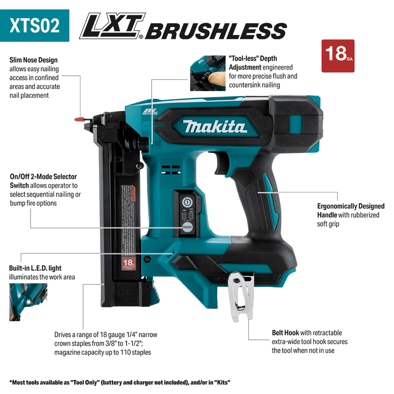Makita (XTS02Z) 18V LXT® Brushless 1/4” Narrow Crown Stapler, 18 Ga. (Tool Only) - Pacific Power Tools