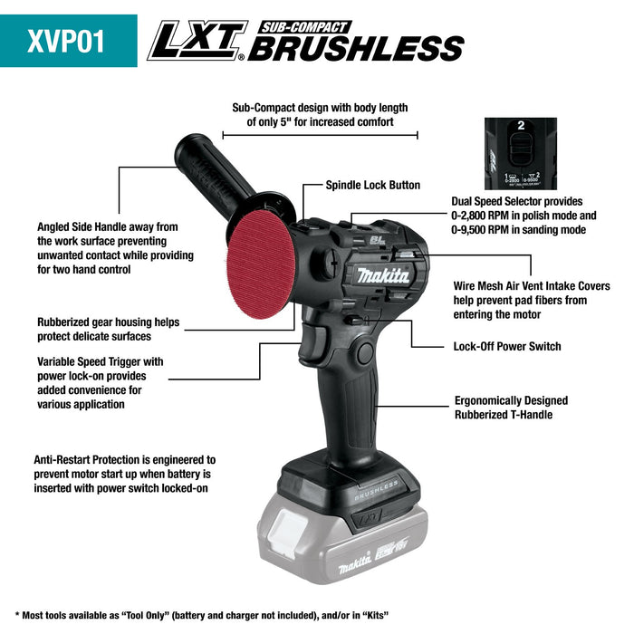 Makita (XVP01ZB) 18V LXT® Sub - Compact Brushless 3" Polisher / 2" Sander (Tool Only) - Pacific Power Tools