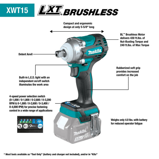 Makita (XWT15Z) 18V LXT® Brushless 4 - Speed 1/2" Sq. Drive Impact Wrench w/ Detent Anvil (Tool Only) - Pacific Power Tools