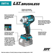 Makita (XWT16Z) LXT® Lithium‑Ion Brushless 4‑Speed 3/8" Sq. Drive Impact Wrench w/ Friction Ring Anvil, Tool Only - Pacific Power Tools