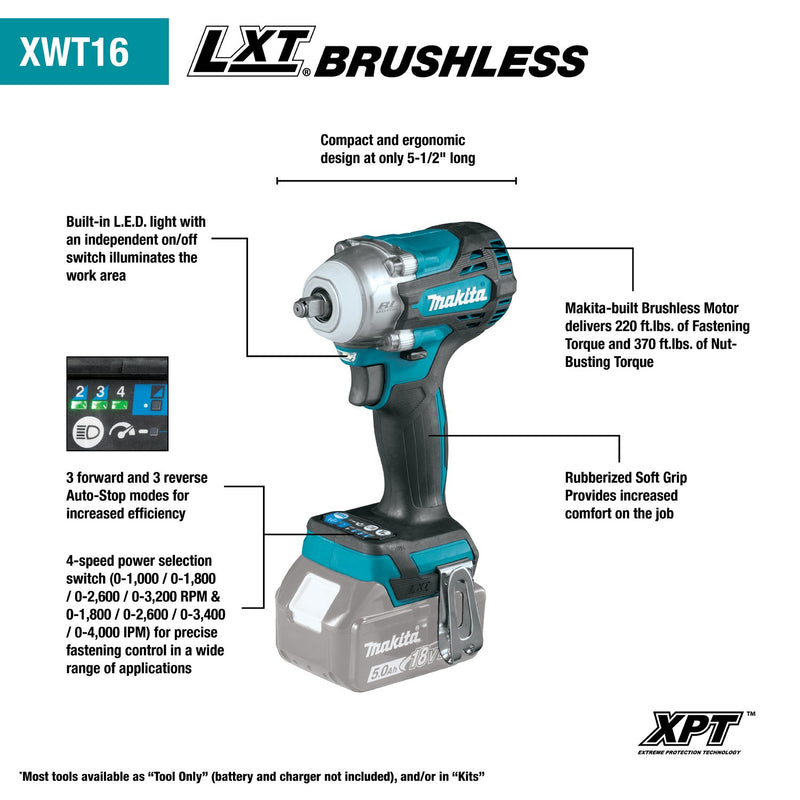 Makita (XWT16Z) LXT® Lithium‑Ion Brushless 4‑Speed 3/8" Sq. Drive Impact Wrench w/ Friction Ring Anvil, Tool Only - Pacific Power Tools