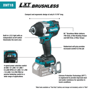 Makita (XWT18Z) 18V LXT® Brushless 4 - Speed Mid - Torque 1/2" Sq. Drive Impact Wrench w/ Detent Anvil (Tool Only) - Pacific Power Tools