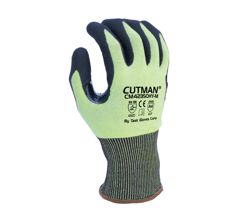 TASK Gloves (CM42350HY) CUTMAN® - 18 Gauge Hi - Vis Yellow HDPE shell, Black Micro - Foam Nitrile Palm coated, Reinforced Thumb Saddle, ANSI Cut A4, Touchscreen compatible - Pacific Power Tools