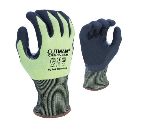 TASK Gloves (CM42350HY) CUTMAN® - 18 Gauge Hi - Vis Yellow HDPE shell, Black Micro - Foam Nitrile Palm coated, Reinforced Thumb Saddle, ANSI Cut A4, Touchscreen compatible - Pacific Power Tools