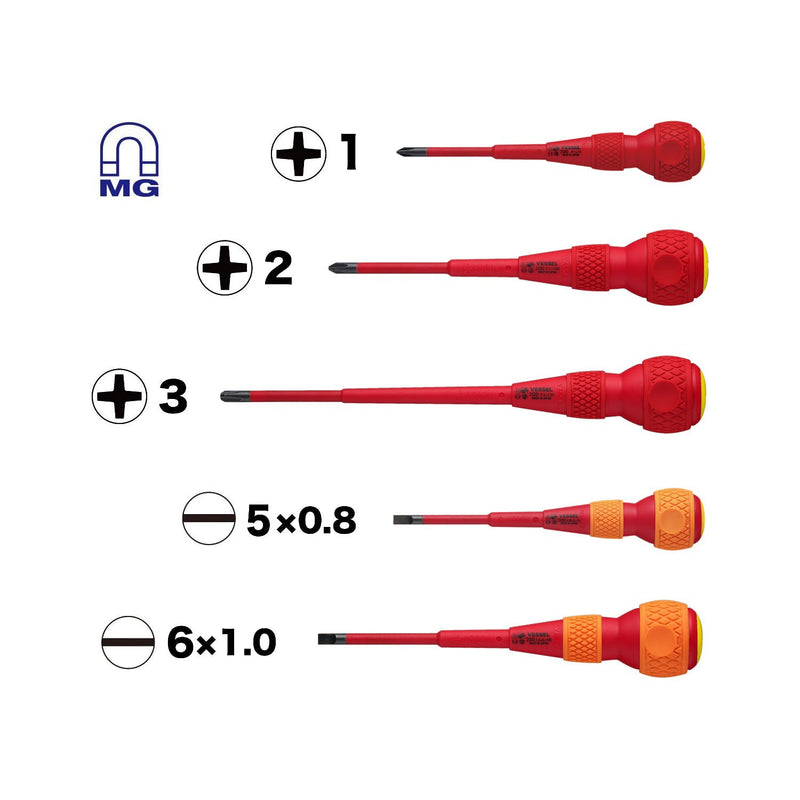 VESSEL (2005PBU) BALL GRIP Insulated Screwdriver 5PC. Set - Pacific Power Tools